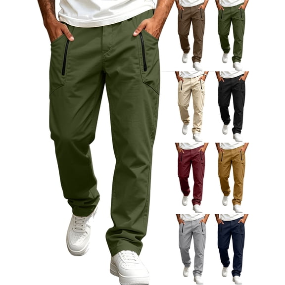 Men's Casual Cargo Pants Straight Leg Stretch Waist Zipper Pockets Cotton Work Pants S-3XL