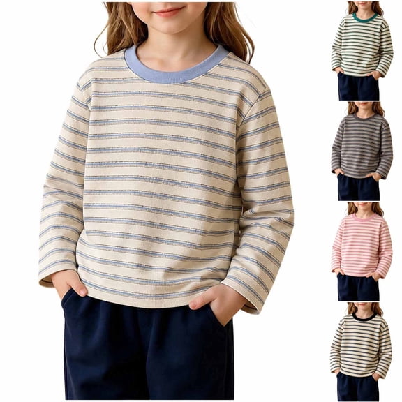 Fancifize Girls' Striped Shirts, Fall Long Sleeve Crewneck Pullover Tops, Kids Cozy Cotton Tshirts for Daily 2-12 Years