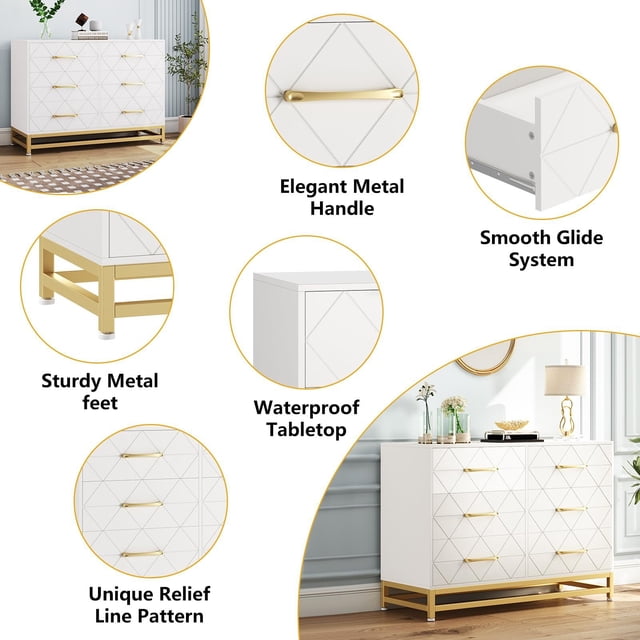 Ourlova Commode à 6 Tiroirs pour Chambre à Coucher, Meuble Télé Commodes Commode pour Salon Couloir Entrée