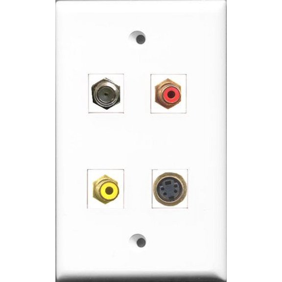 RiteAV 1 Port RCA Red and 1 Port RCA Yellow and 1 Port Coax Cable TV- F-Type and 1 Port S-Video Wall Plate