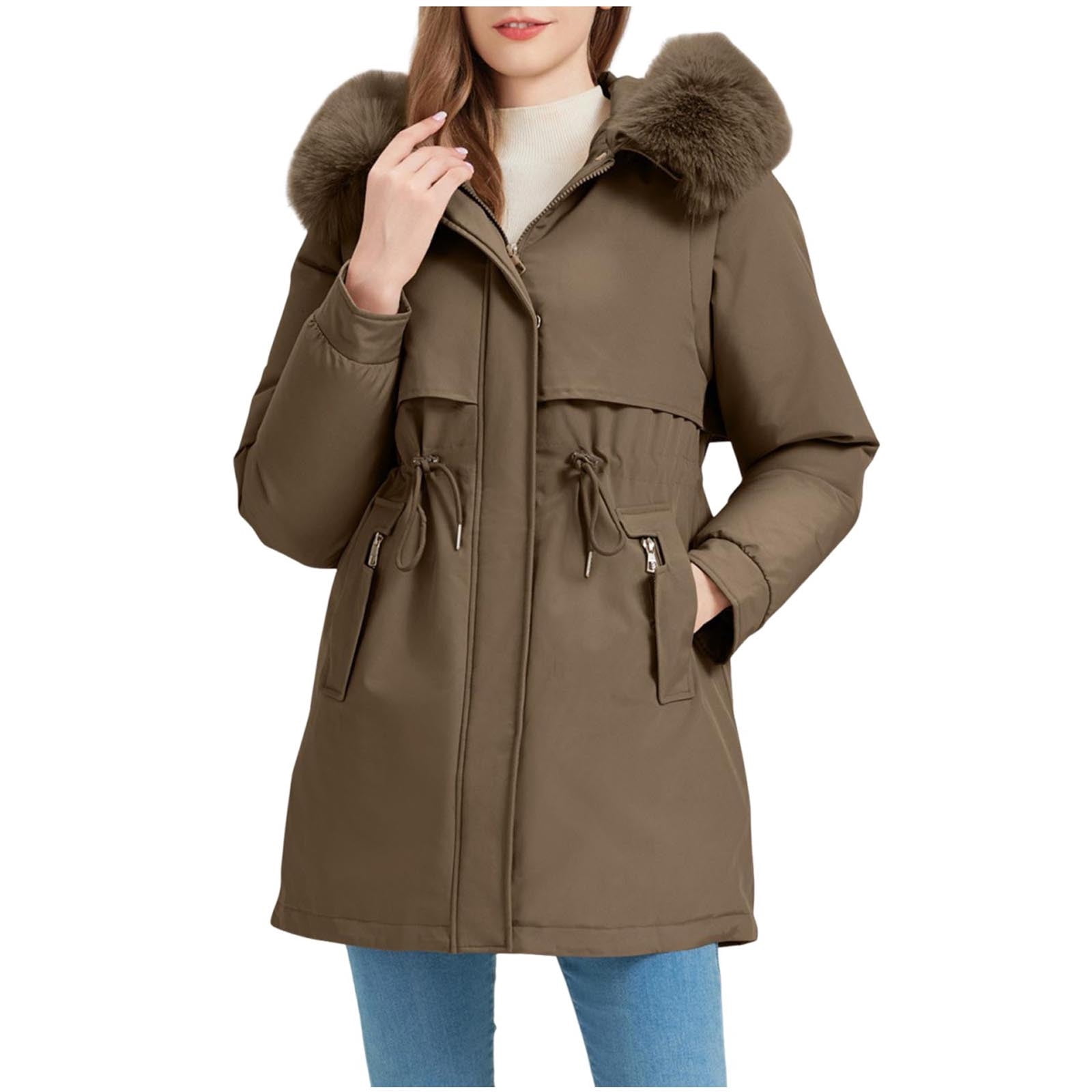Dvprdro Winter Coats for Women Trendy Full Zip Parka Jackets Winter Thicken Puffer Jacket with Detachable Sleeves and Faux Furs Removable Hood