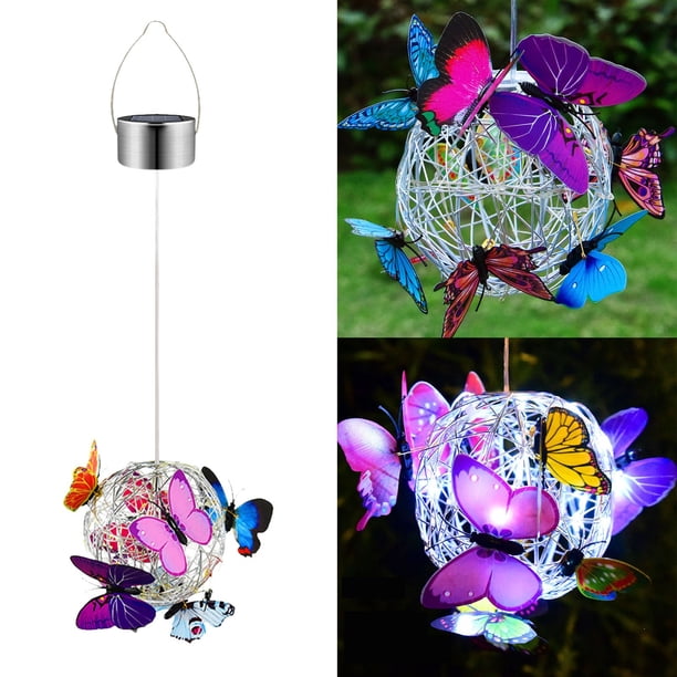 Farol colgante de malla solar para exteriores con diseño de mariposas de colores, lámpara LED redonda de 16 cm para decoración de jardín | Iluminación de metal resistente a la intemperie IP45 para