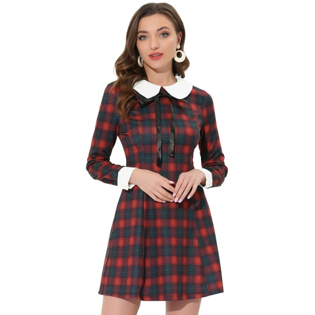 INSPIRE CHIC Robe à Carreaux Contrastée à Col Peter Pan Manches Longues Rouge Bleu G