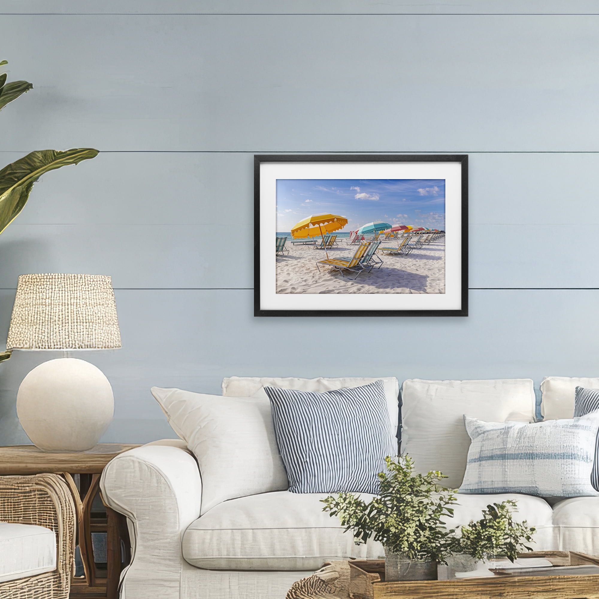 Stupell Industries Striped Umbrellas on Sunny Beach Black Framed Print Under Glass, design by Richard Silver
