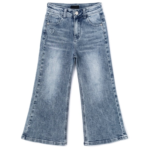 KIDSCOOL Girls Wide Leg Denim Pants 5-13T Ripped Heart Embroidered Jeans ,Light Blue,11-12 Years