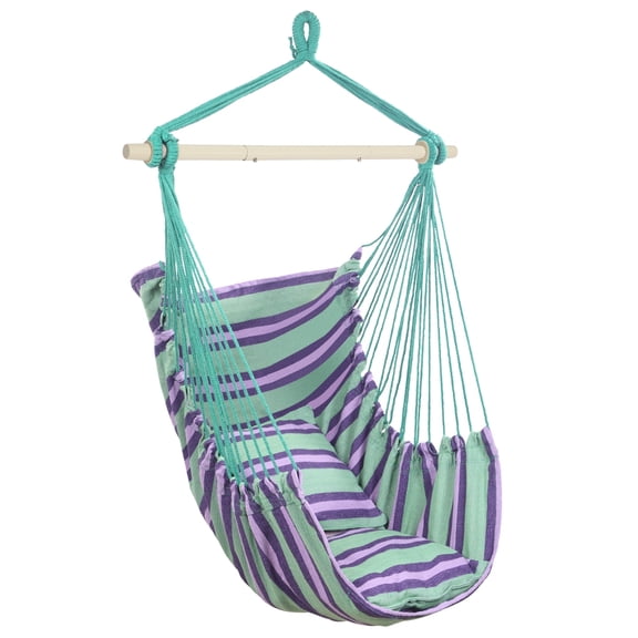 IVV Hammock Chair Hanging Rope Swing Seat with 2 Pillows for Indoor Outdoor, Sturdy Cotton Hammock Swing, Max 250Lbs Capacity for Bedroom Patio Porch (Pole Included, Green Strips)