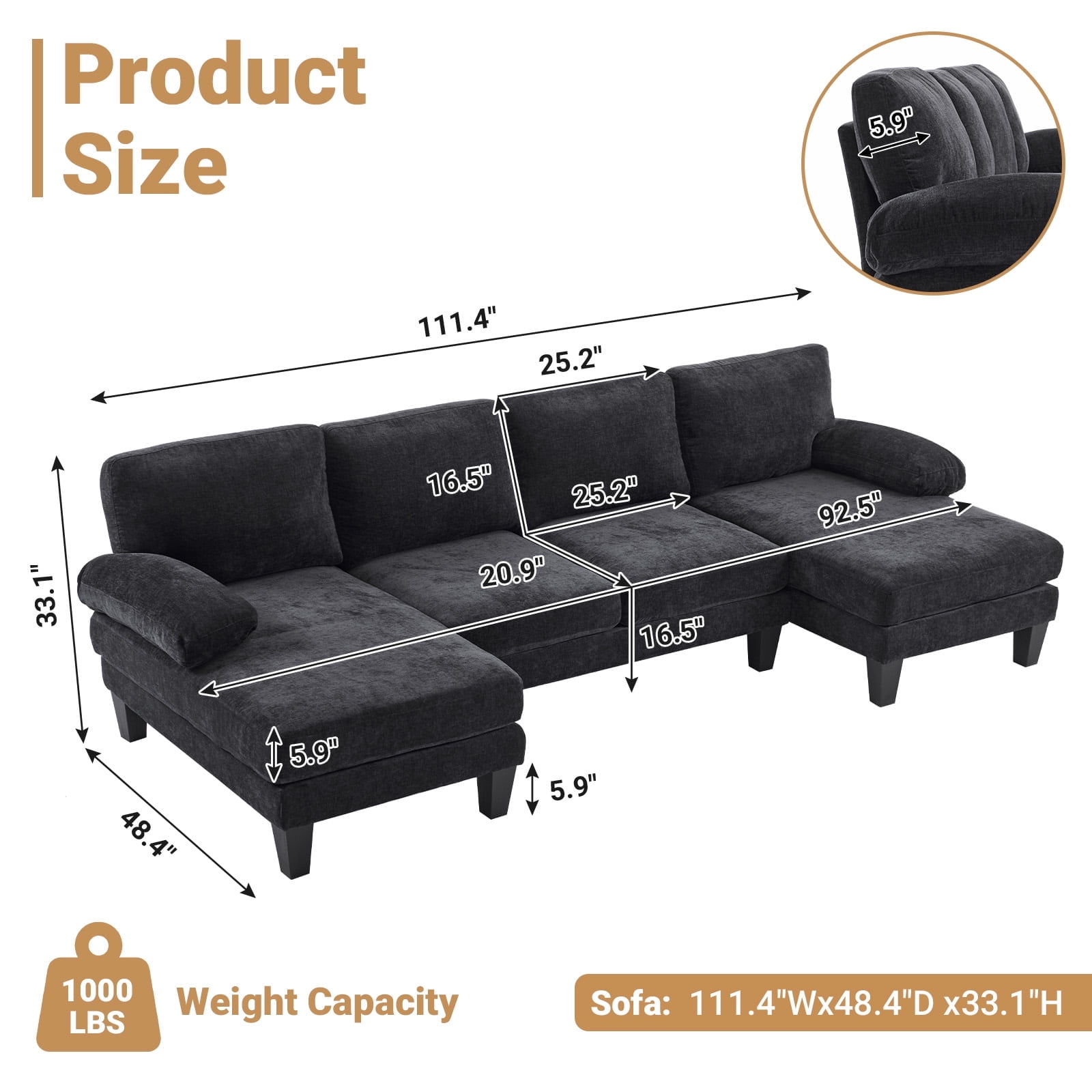 Ktaxon U-Shaped Sectional Sofa, 111"  Chenille Couch, 4 Seat Lounge Sleeper with Double Chaise for Living Room Black