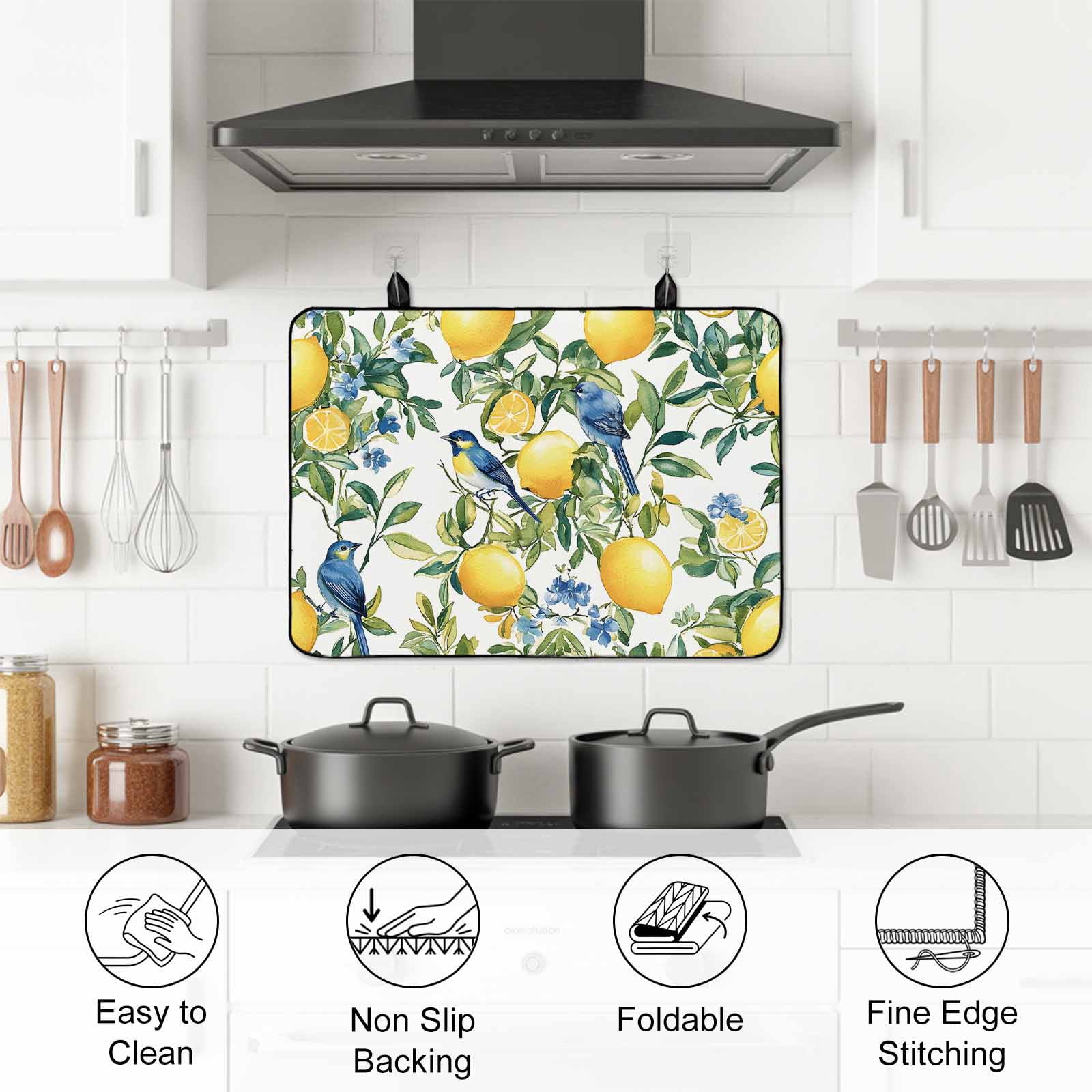 Botanical Lemon Stove Top Cover for Electric Stove, Heat-proof & Non Slip Glass Top Stove Cover Protector, Watercolor Blue Birds Green Leaves Kitchen Flat Cooktop Rubber Mat 24x21 Inches