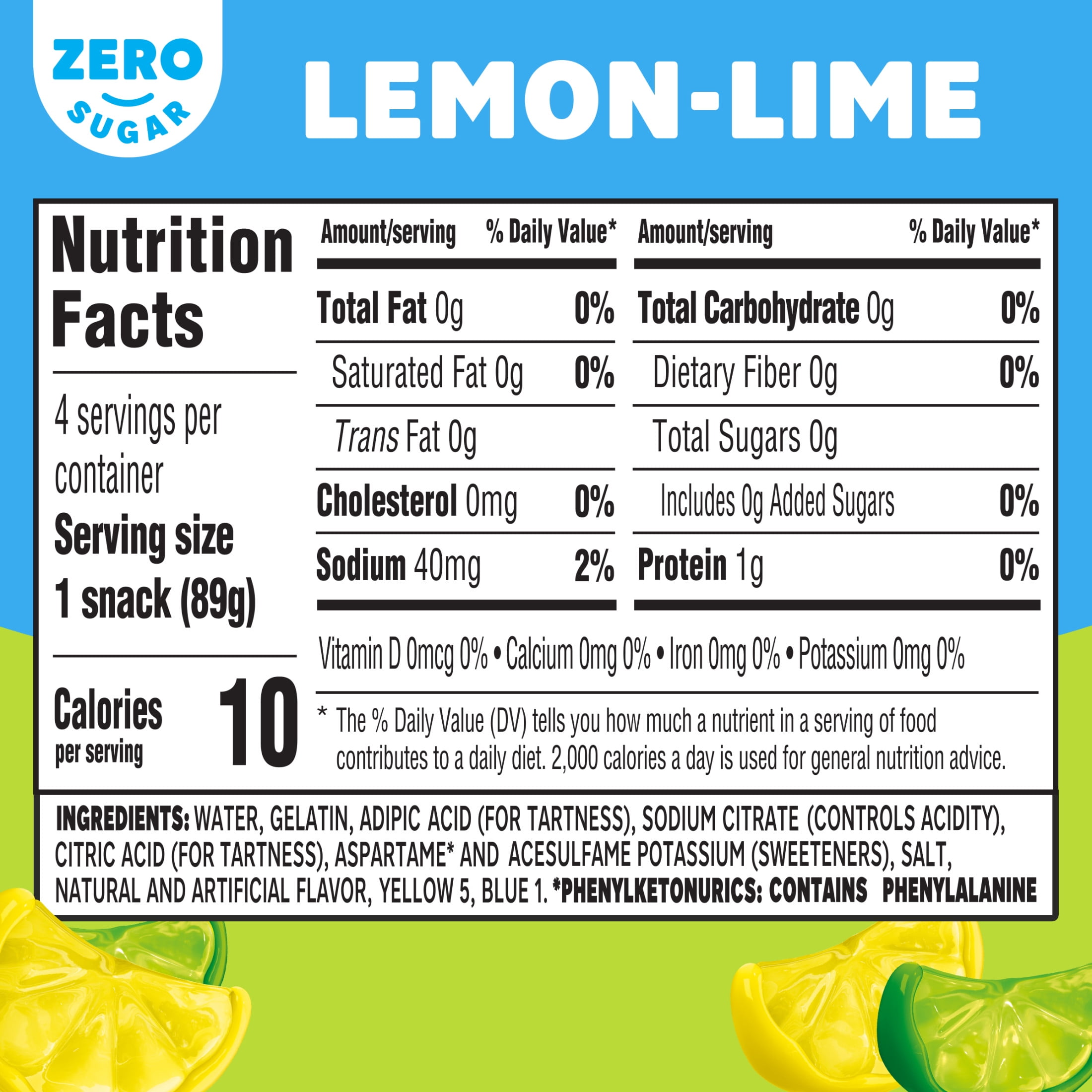 Jell-O Lemon-Lime Artificially Flavored Zero Sugar Ready-to-Eat Gelatin Snack Cups, 4 ct Cups