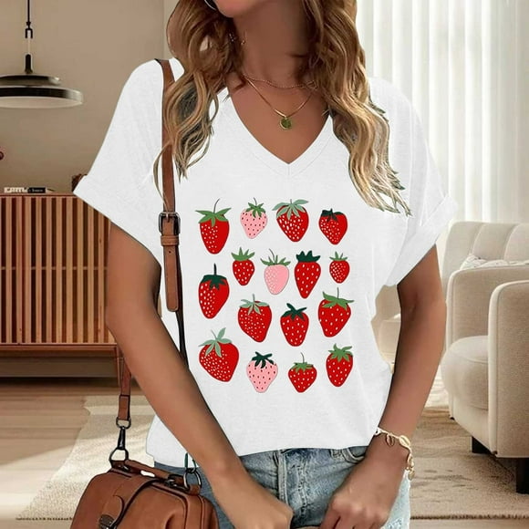 Women's Casual Fashion Strawberry Print T-Shirt for Everyday Wear and Activities