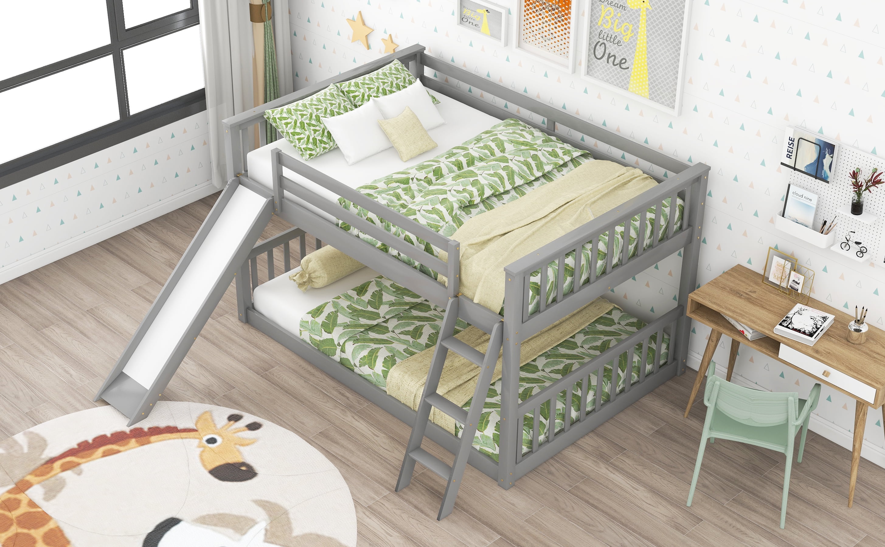 Euroco Full over Full Floor Bunk Bed with Inter-Changeable Slide and Ladder, Solid Wood Bunk for Kids Teens Adults, Gray