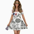 thumbnail image 2 of Paris Sketch Hand Drawn Women Dress V-Neck Short Sleeve Flowy Swing Party Midi Dress, 2 of 4