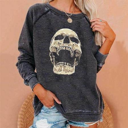 

jsaierl Womens Sweatshirt Long Sleeve Funny Graphic Pullover Skeleton Halloween Sweatshirt Crewneck Cute Tops for Women Comfy Tunic Halloween Top for Women