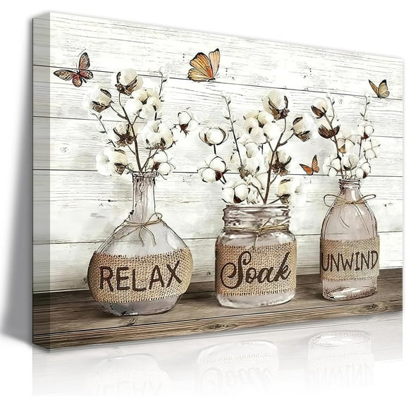 Farmhouse Bathroom Wall Art Rustic Cotton Flower Bathroom Canvas Wall Decor Bathroom Relax Soak Unwind Sign Painting Print Vintage Aesthetic Bathroom Picture Artwork Decor(12x16in)