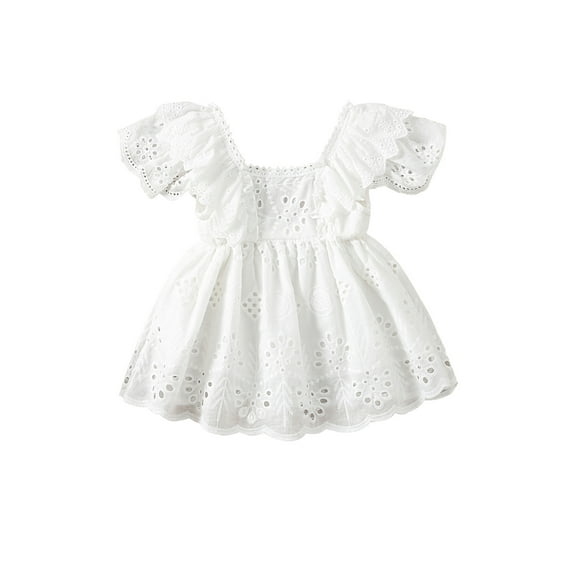 Douhoow Baby Girl White Dress Infant Short Sleeve Hollow Out Ruffles Sweet Dress