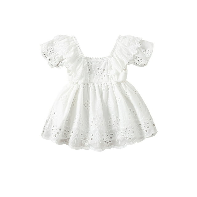 Faithtur Newborn Girl Short Sleeve Dress, Solid Color Hollow Out Ruffles Decor Sweet Dress, Casual Simple One-Piece Clothes