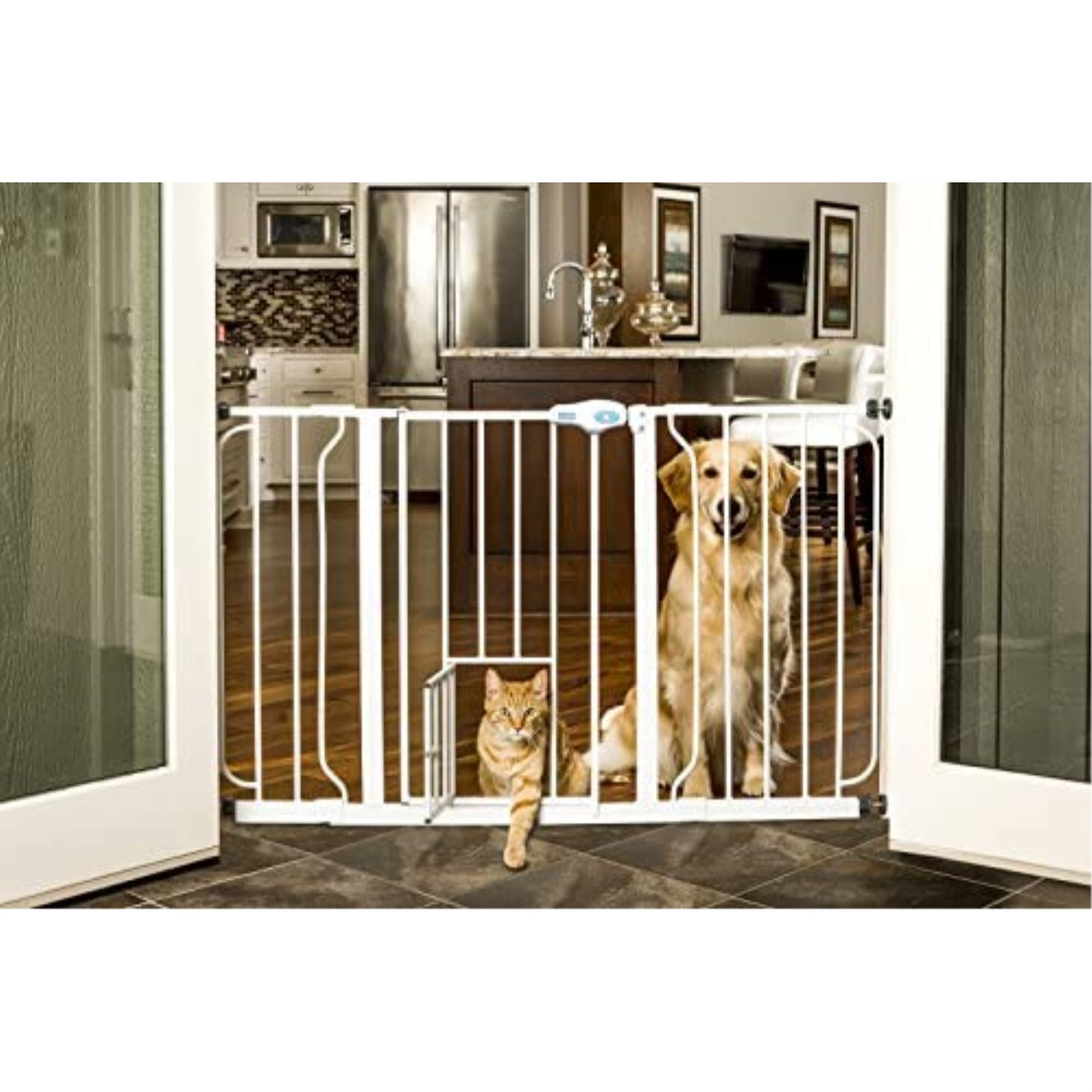 Extra Wide Pet Gate with Door and Extensions Dog Cat Chewproof Steel Expandable 