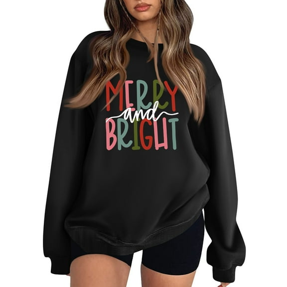 ADSSDQ Womens Christmas Sweatshirts Oversized Crew Neck Pullover Merry and Bright Xmas Shirts Cute Holiday Tops Black L