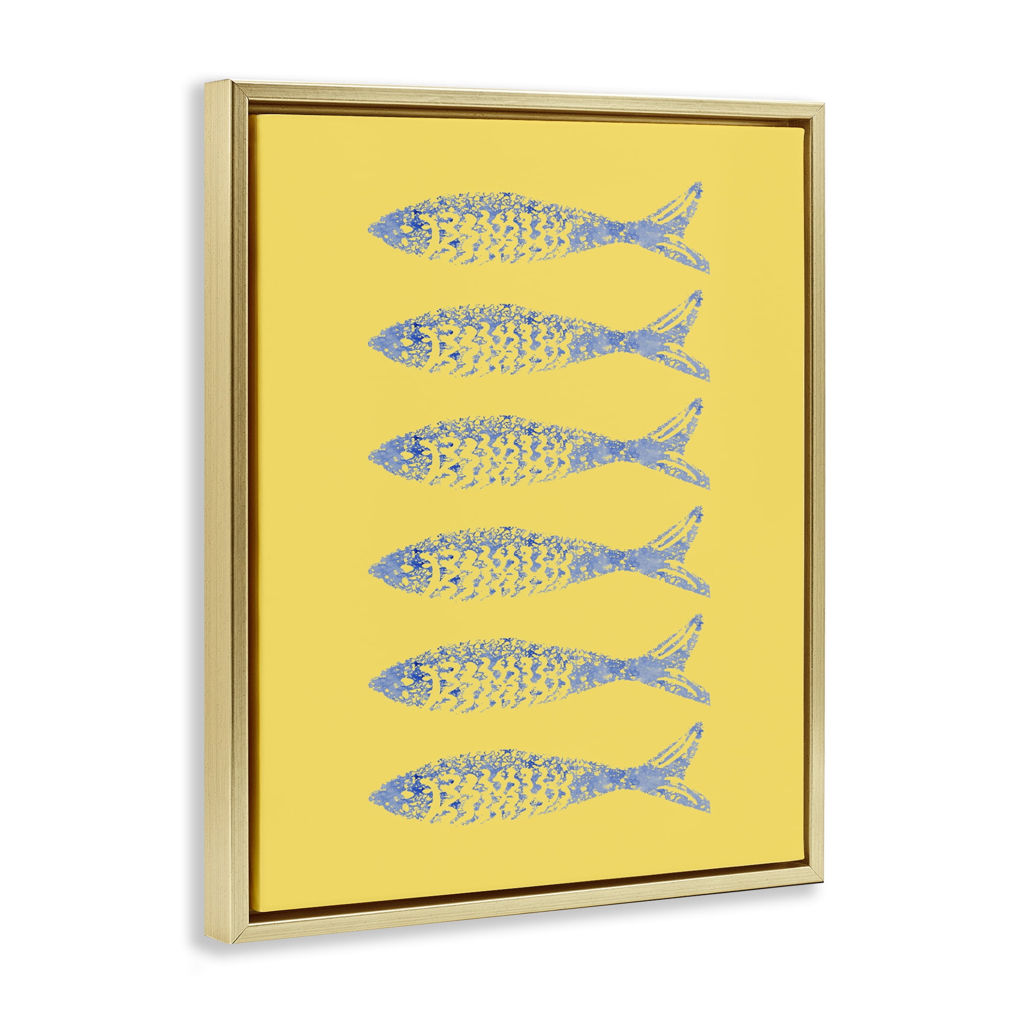 Stupell Industries Sardine Stamps on Yellow Gold Framed Floater Canvas Wall Art, design by Julie DeRice