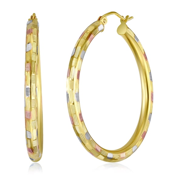 Wellingsale Ladies 14k Tri 3 Color Gold Polished 3mm Diamond Cut Checkered Hoop Earrings (35mm Diameter)