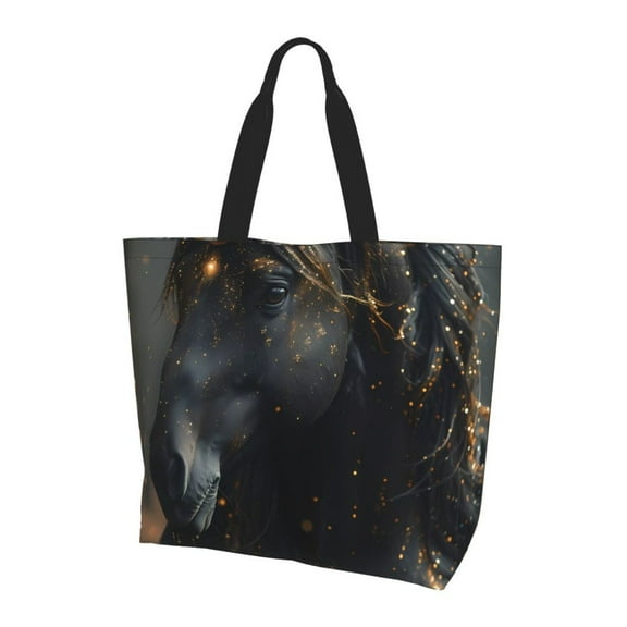 Yiaed Black And Gold White Horse Print Handbag for Women Tote Purse Shoulder Bag Large Fashion Hobo Purse Handbag Shopping Tote
