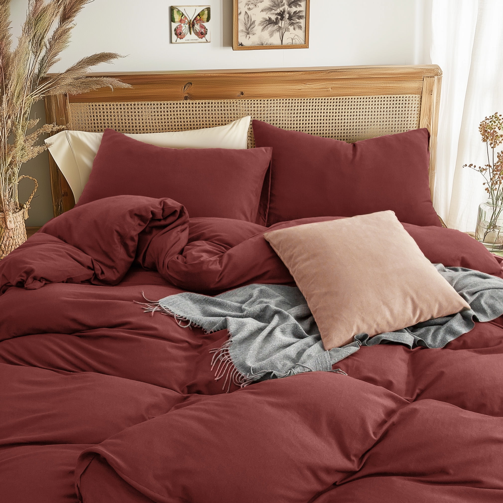 PURE ERA Duvet Cover Set Jersey Knit Solid 100% T-Shirt Cotton Ultra Soft 3pcs Bedding Set(Queen,Brick Red)