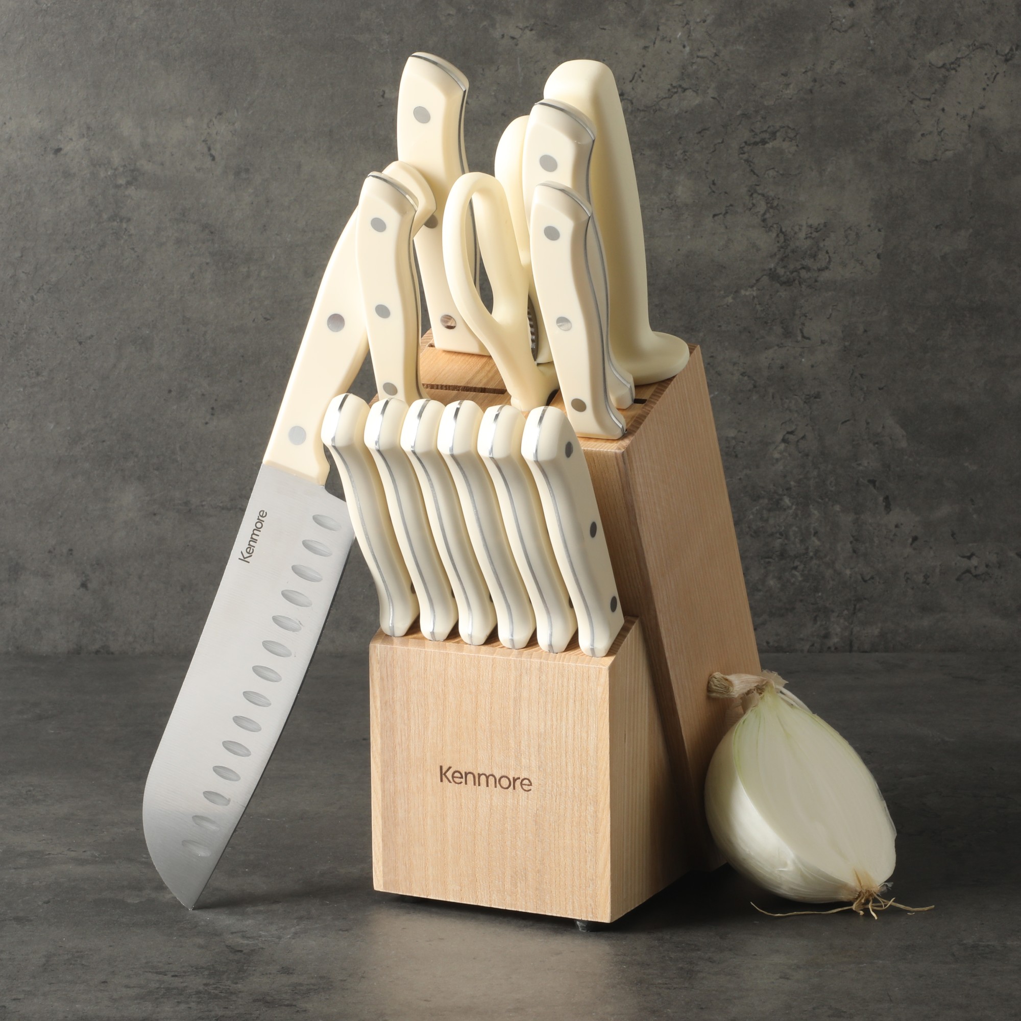 Kenmore Kane 14 Piece Stainless Steel Chef Cutlery Set Black Block, Glacier Blue