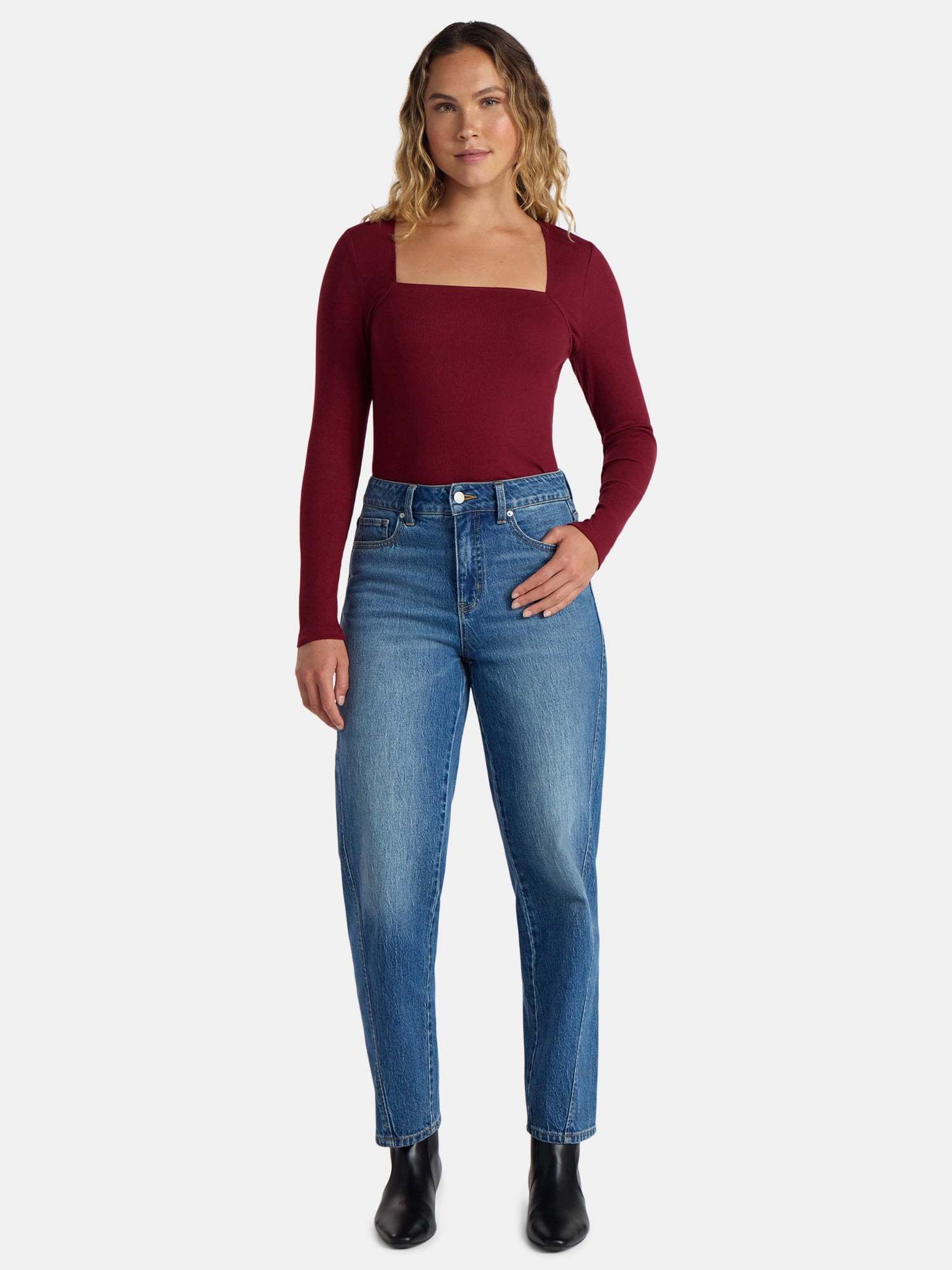 Time and Tru Women's Ribbed Square Neck Top with Long Sleeves, Size XS-XXXL