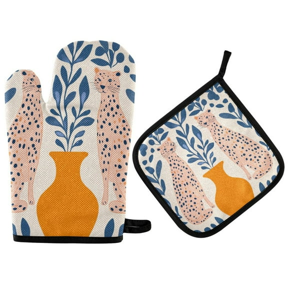 Yayeee Oven Mitts and Pot Holder Set of 2 Heat Resistant Kitchen Gloves Baking Hot Pad, Leopards Leaves