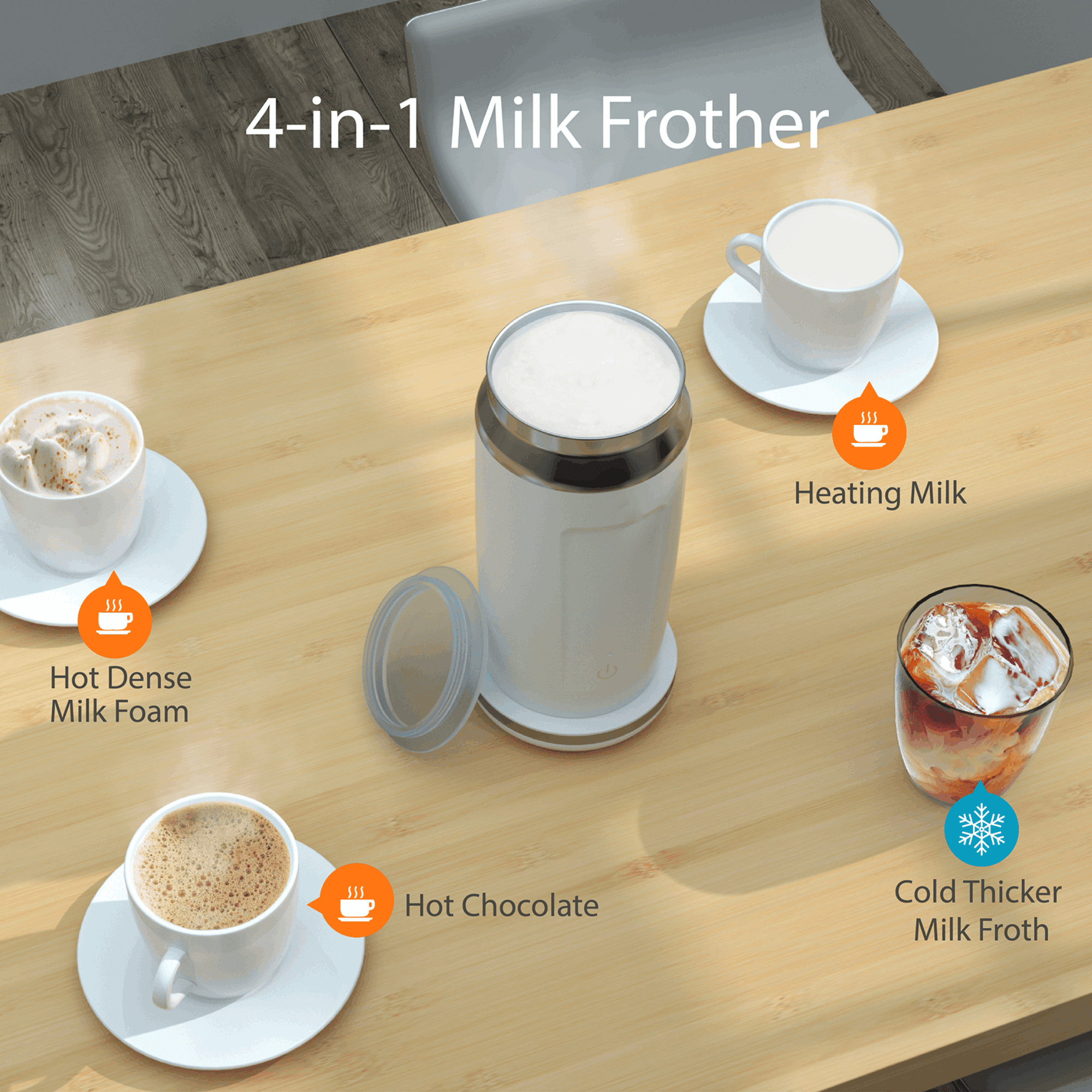 Milk Frother, Longdeem 4-in-1 Electric Milk Steamer 500W, 10oz/300ml  Automatic Hot and Cold