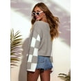 thumbnail image 3 of Womens Casual Checkered Color Block Sweaters Crew Neck Long Sleeve Cropped Knit Pullover Khaki XL, 3 of 6
