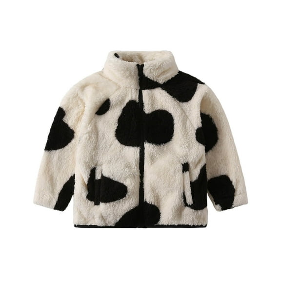 DHFJKG Toddlers Kids Fluffy Zip Up Jackets Winter Outwear Heart Cow Printed Long Sleeve Stand Collar Fuzzy Coat With Pockets For Boy Girl Cold Weather Holiday Outerwear