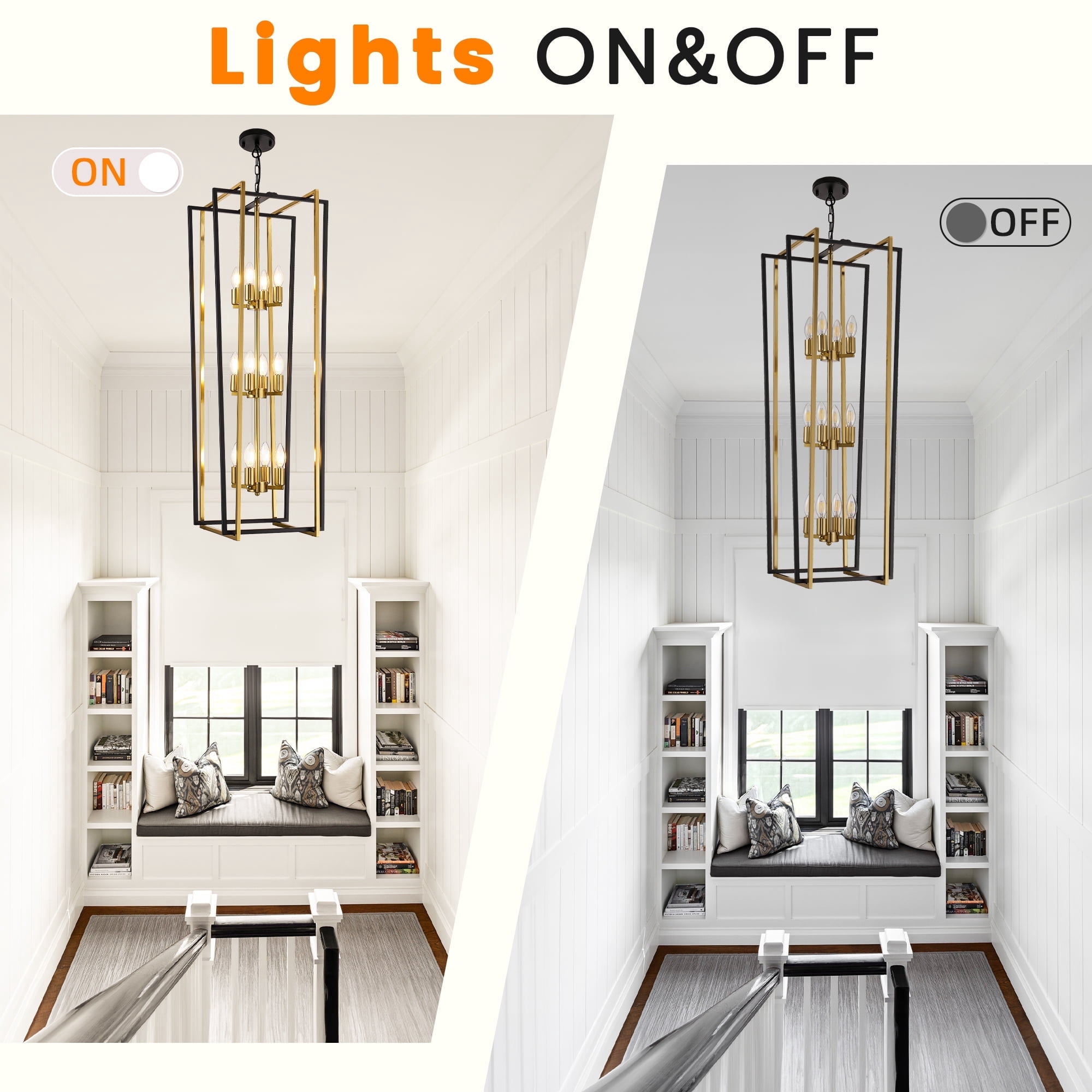 LovingAHome 12-Light  Farmhouse Lantern Pendant Light Long Chandeliers for High Ceilings Foyer Pendant, Black & Gold