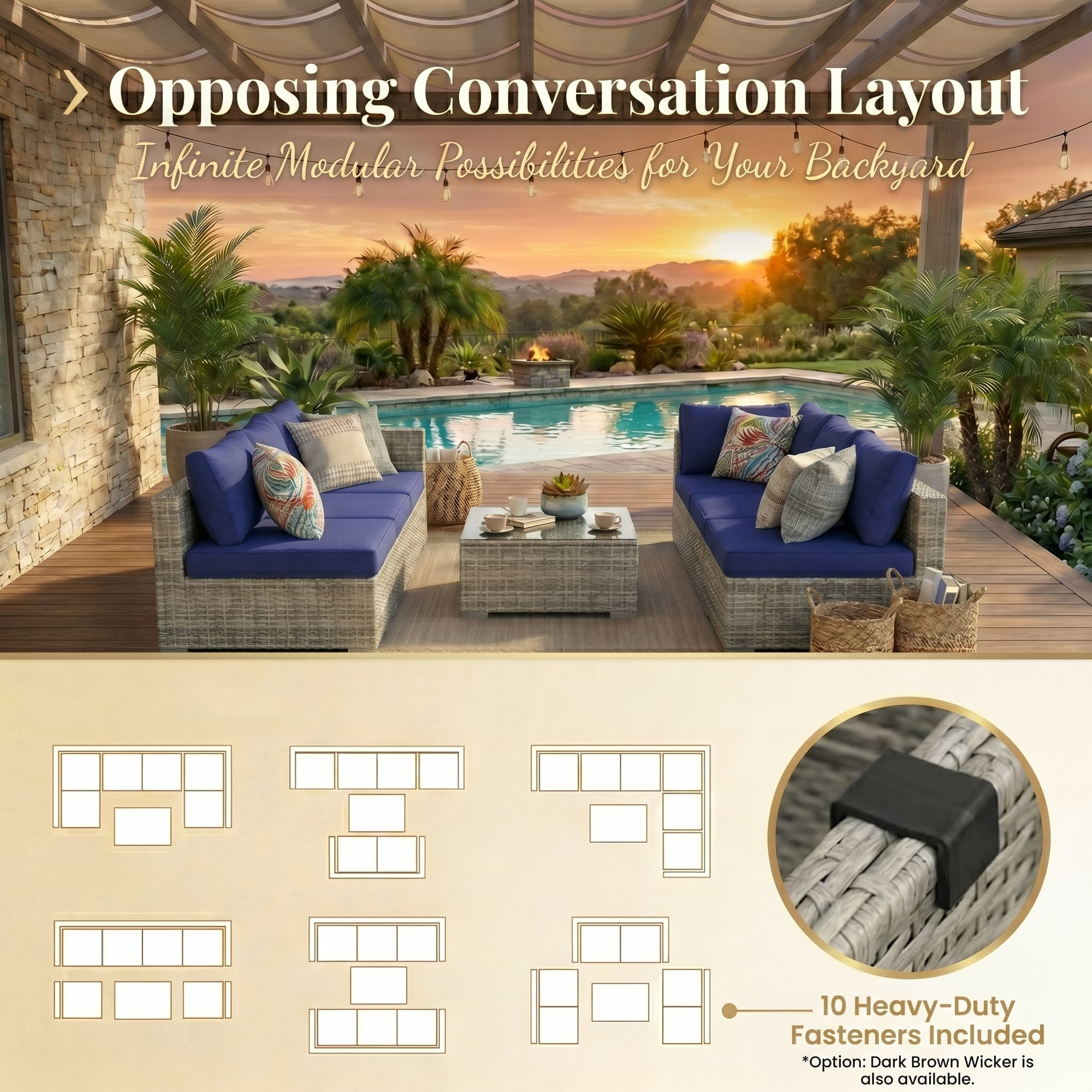 Howcool 7-Piece Modular Outdoor Patio Furniture Set with Cushions and Tempered Glass Table