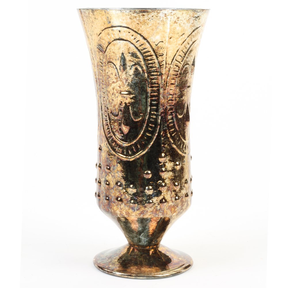 Koyal Wholesale Burnt Gold Fleur De Lis Trumpet Vase Pedestal