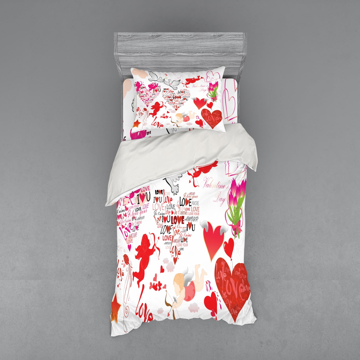 Love Duvet Cover Set, Pattern of Valentines Day Themed Cupid