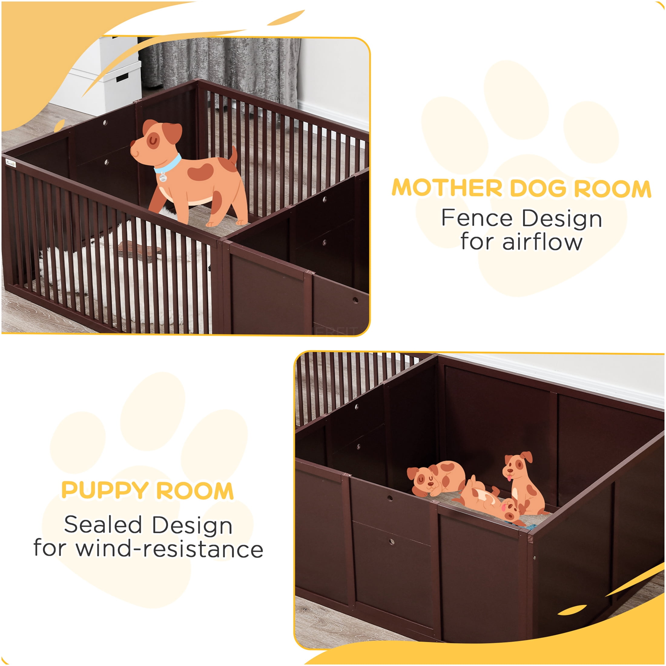 JERFIT 81" Large Dog Whelping Box with Removable Doors, 2-Room Design Puppy Playpen for Newborns, Indoor MDF Whelping Pen with Non-Slip Pads, Coffee Brown