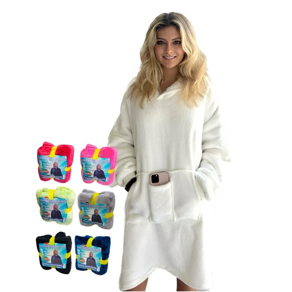 Oversized Sherpa Hoodie Sweatshirt - Warm Luxurious Fleece Microfiber Hoodie Blanket - Cozy, Reversible, Hooded, w/ Comfortable 3 Pockets - Large Unisex White
