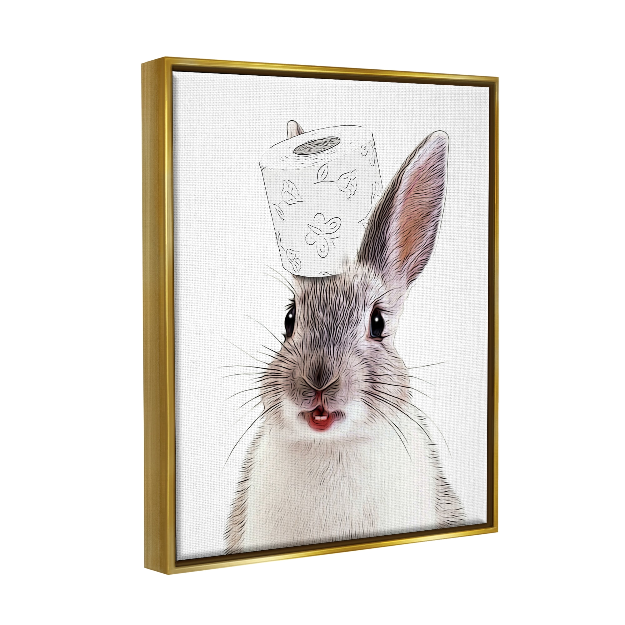 Stupell Industries Rabbit Balancing Toilet Paper Animals & Insects Painting Gold Floater Framed Art Print Wall Art