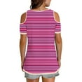 thumbnail image 4 of ZQGJB Womens Casual Striped Print T-Shirts Trendy V Neck Summer Off the Shoulder Tunic Blouse Loose Lightweight Comfy Pullover Tops Hot Pink S, 4 of 6