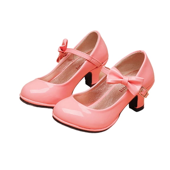 Gpaecead Girls Bow High Heel Performance Shoes Mary Janes Solid Color Patent Leather Soft Non Slip Spring Summer Dance Shoes,Pink
