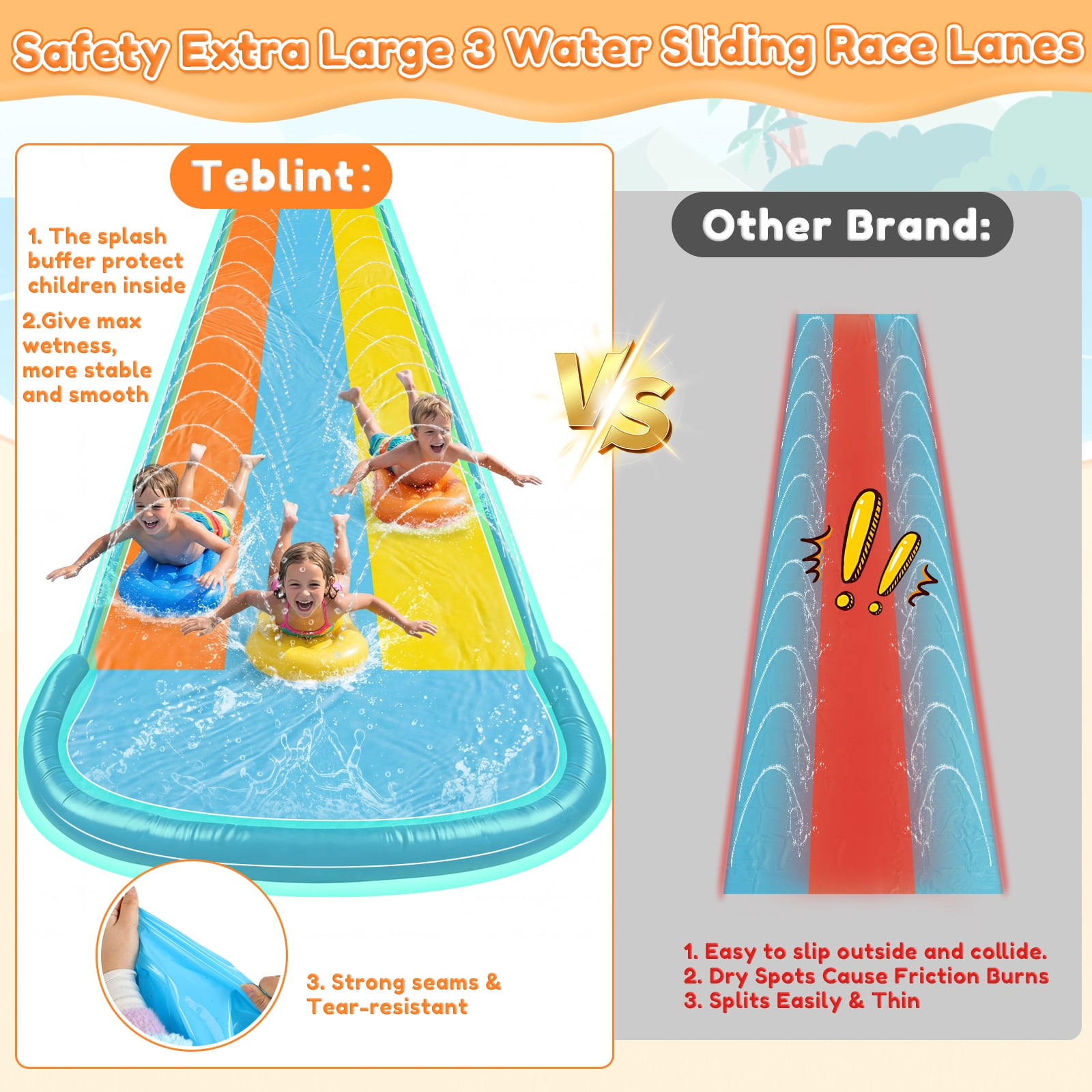 Teblint 22.3FT Triple Lawn Water Slides, Heavy Duty Water Slip Splash Pad with Built in Sprinkler & 3 Bodyboards for Backyard Outdoor Water Fun Toys for Kids Adults