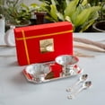 thumbnail image 4 of Embossed Leaf Design Curved Silver Plated Set Of 2 Bowl With 2 Spoon & 1 Tray - 140ml Each, Silver | Serveware, Diwali Gift Set Decorative - Silver Plated Bowl Set | Easy To Carry, Easy To Clean, 4 of 5