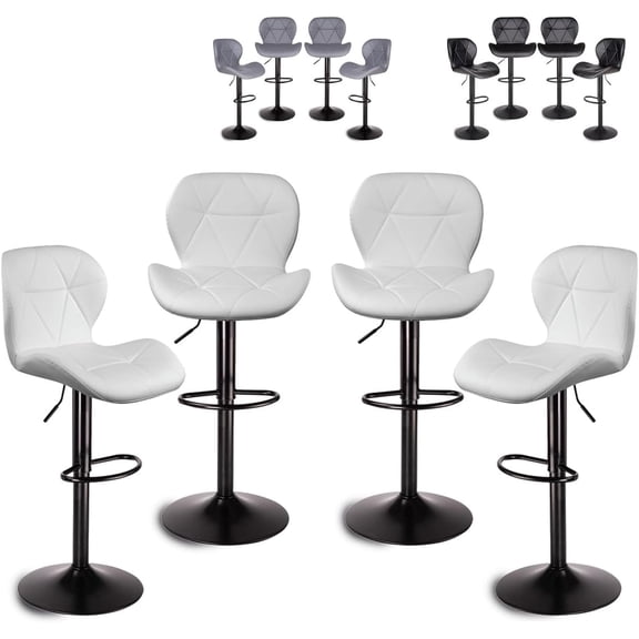 Set De 4 Bancos De Cocina Mostrador Barra Silla Taburete Comedor Respaldo Alto Altura Regulable y Función Giratoria 360° (4 Piezas Blanco)
