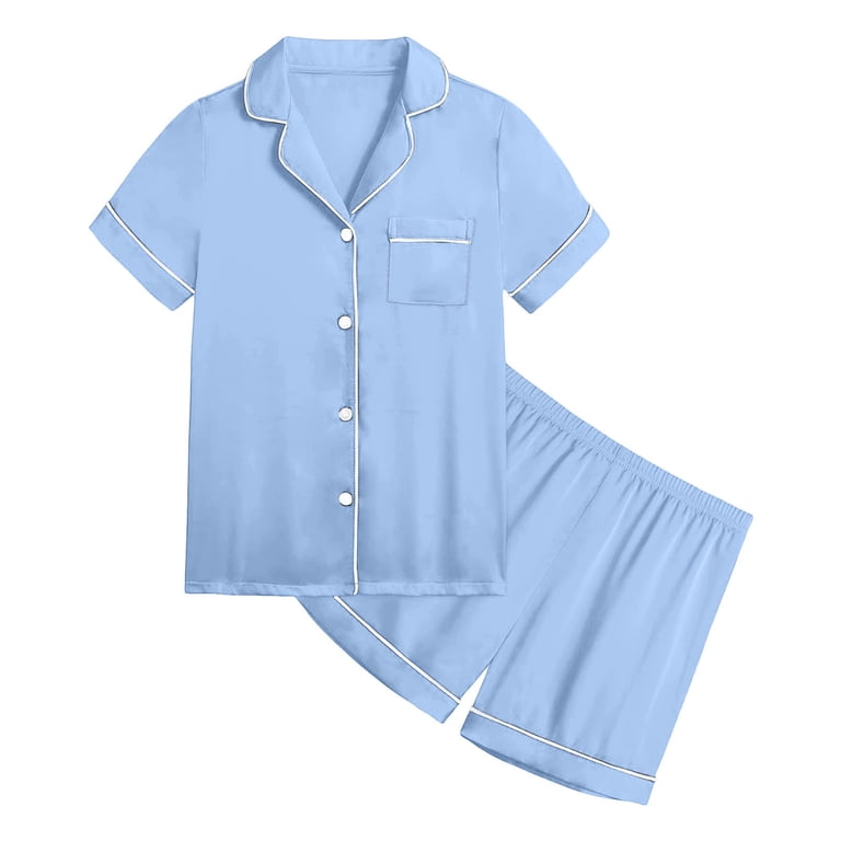 Anjue Women's Short Sleeve Pajama Set - Button Down Sleepwear, Soft Bamboo Fabric, With Pockets (Blue, Size S)