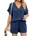 thumbnail image 3 of ZXZY Women Notch V Neck Short Sleeve Top Drawstring Shorts Loungewear Sets, 3 of 7