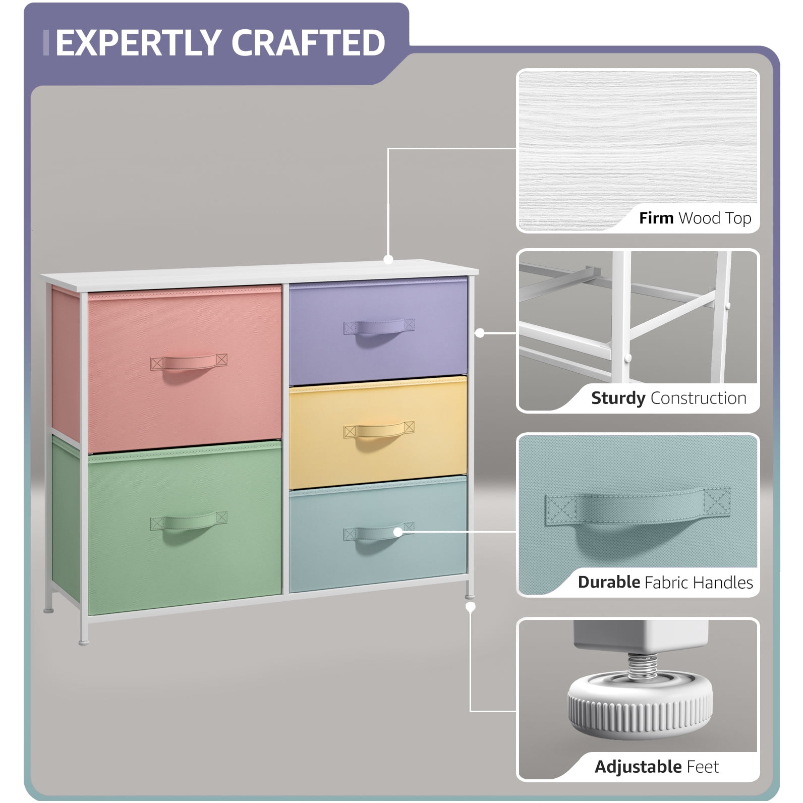 Sorbus 5 Drawer Dresser Storage Chest with Steel Frame, Wood Top, Fabric Bins,
