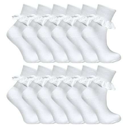 

12 Pair Multipack White Frilly Lace Socks | 7 Sizes | Sock Snob | Girls Cute Cotton Rich School Socks
