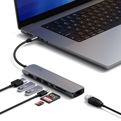 Satechi 7-in-1 USB-C Slim Multiport Adapter with Ethernet, HDMI 4K@60Hz, 100W PD Charging, 2X USB-A Data Ports, Micro/SD Card Readers for MacBook Pro/Air, iPad, Windows (Space Gray)