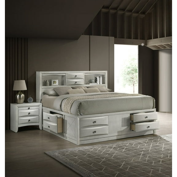 3pc Set Antique White Finish King Size Captain's Storage Bed Nightstands